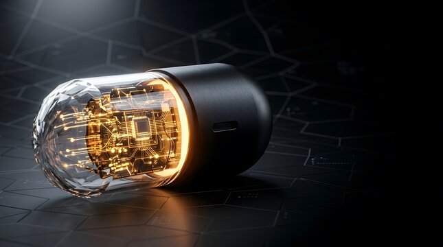 Futuristic medical capsule with glowing microchip circuitry and crystal glass