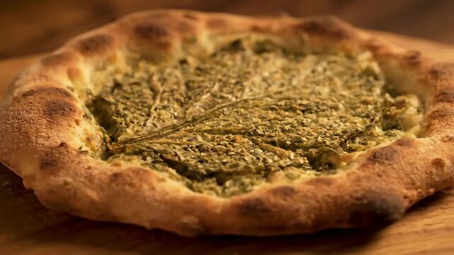 Close-up of rustic Italian flatbread or pizza topped with cooked green leafy vegetables, possibly savoy cabbage or chicory, served hot on a wooden cutting board.