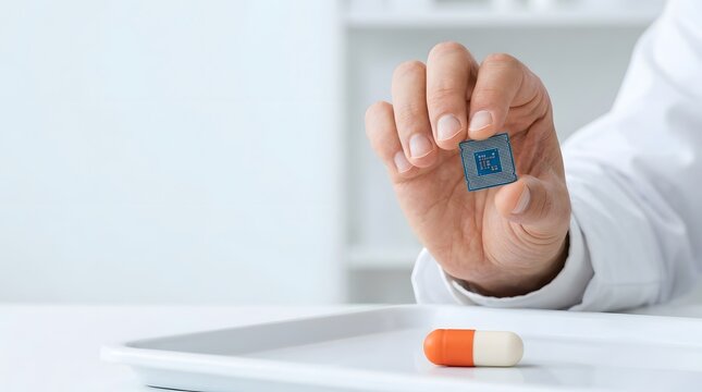 Hand holding microchip next to medical pill representing future of healthcare and smart medicine