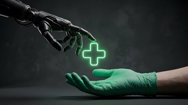Robotic hand and surgeon hand with glowing green medical cross symbol