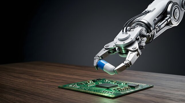 Robotic arm holding medical pill over electronic circuit board