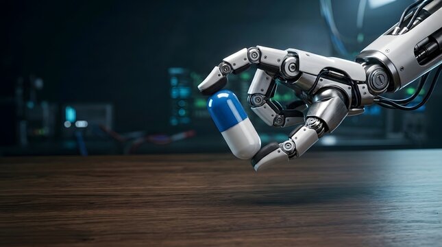 Robotic hand holding a medical capsule in a futuristic laboratory setting