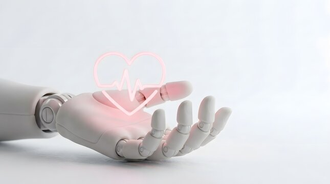 Robotic hand holding glowing neon heart pulse icon for healthcare technology concept
