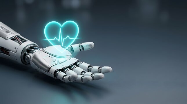 Robotic hand holding glowing digital heart for ai medical technology concept