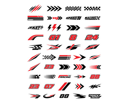 Collection of speed and racing-themed vector graphics with numbers and checkered flags on a white background