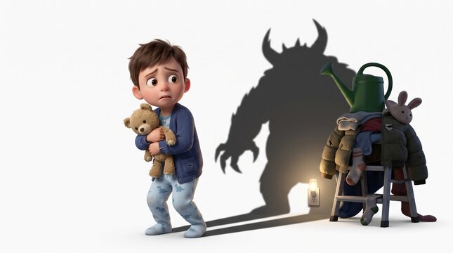 Little boy holding a teddy bear terrified of a monster shadow made from clothes and a watering can, ideal for parenting articles, child psychology, and educational blog posts