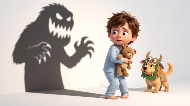 Scared little boy in pajamas hugging a teddy bear with a monster shadow on the wall, perfect for child psychology, parenting blogs, and educational posters