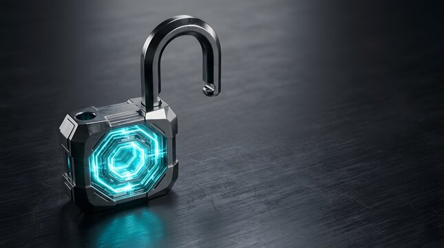 Open futuristic digital padlock with glowing neon blue core on dark surface
