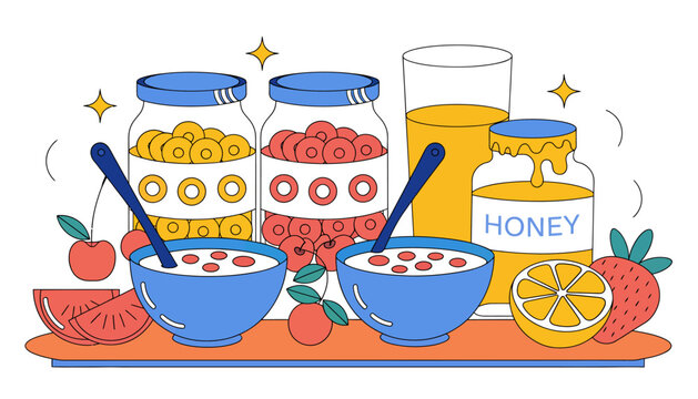 breakfast cereal bowls with fruit and honey