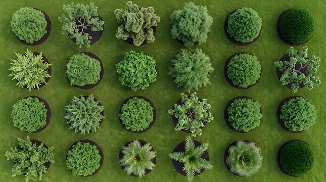 Top view tree and bush icon set featuring various green garden plants, spherical shrubs, palm trees, topiary foliage, and landscape architectural plan elements isolated on grass background for 2D outd