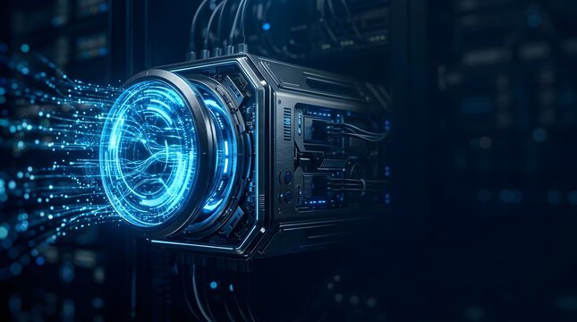 Futuristic data processor with glowing blue light and energy trails in a server room