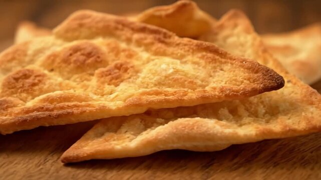 Macro close-up of freshly baked golden flatbread slices, likely Italian focaccia or pita, resting on a rustic wooden table, emphasizing crispy texture and delicious crust.
