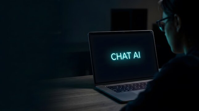 Man using chat ai on laptop in dark room