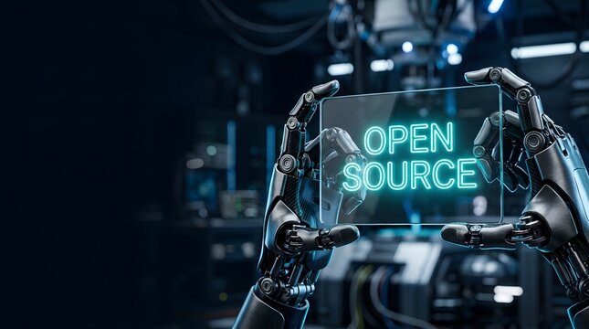 Robotic hands holding a digital glass panel with glowing open source text