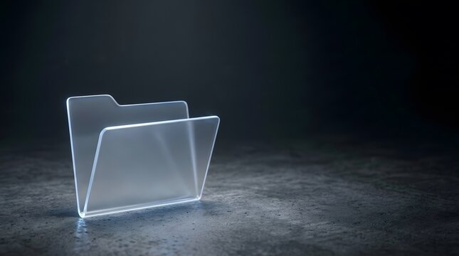 Glowing transparent 3D file folder icon on dark stone surface