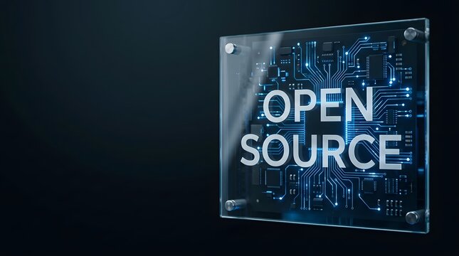 Open source software development concept on digital circuit board with blue light effects