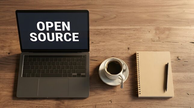 Laptop displaying open source text on wooden desk with coffee and notebook