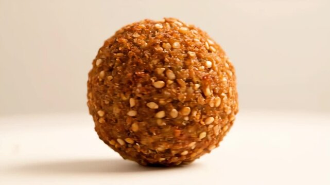 Close-up studio shot of a freshly deep-fried falafel ball, a traditional Middle Eastern vegetarian dish made from ground chickpeas and spices.