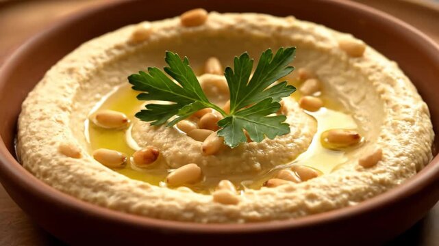 Authentic Middle Eastern Hummus Dip Topped with Toasted Pine Nuts, Fresh Parsley, and Extra Virgin Olive Oil Served in a Rustic Terracotta Bowl.