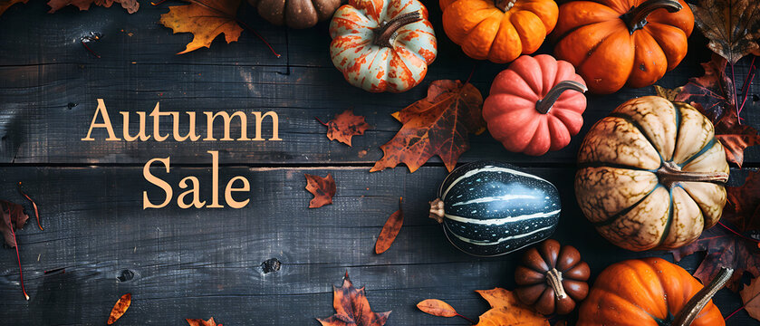 Rustic Dark Wood Autumn Sale Typography Banner with Top-Down Pumpkins and Central Copy Space for Holiday Retail Marketing