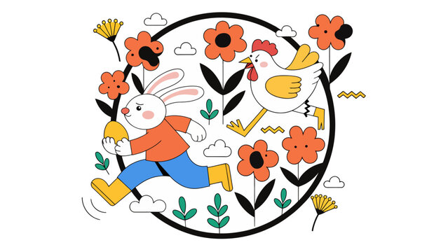 bunny and chicken running in flower circle