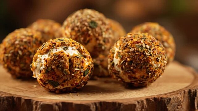 Macro Shot of Gourmet Cheese Balls Coated in Savory Spices and Seeds on a Rustic Wooden Serving Board