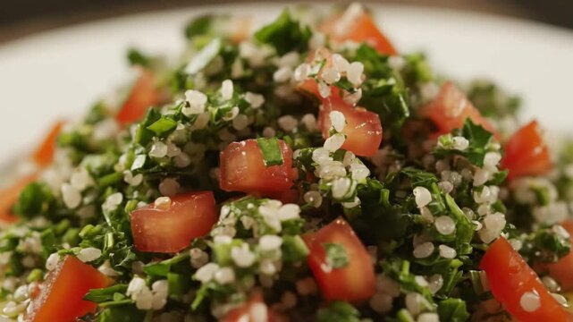 Vibrant Tabbouleh Salad Close-Up: Fresh Parsley, Diced Tomatoes, and Bulgur Wheat with Olive Oil Dressing on a White Plate