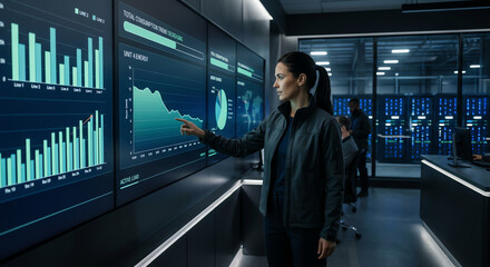 Fototapeta premium Analyst points at glowing digital screens displaying financial charts and data