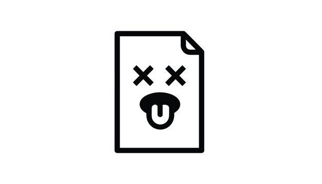 Black and white line icon of a digital file or document with a playful dead emoji face on a white background.