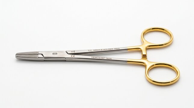 Surgical Needle Holder Forceps with Gold Handles on White Background.