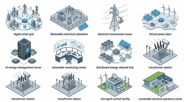 Isometric illustrations of smart grid technology and renewable energy infrastructure for a sustainable future.