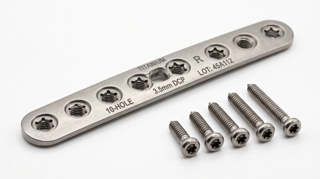 Orthopedic surgical bone plate and titanium screws for fracture fixation.