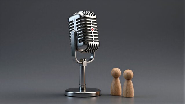 Vintage microphone faces two wooden figures, symbolizing communication or performance.
