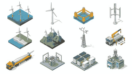 Fototapeta premium Collection of isometric illustrations representing renewable energy and communication technologies.