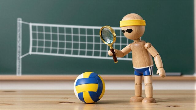 Wooden figure examines volleyball with magnifying glass near net on green board.