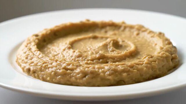 Close-up of rich and creamy traditional hummus dip served on a minimalist white plate, focusing on the texture and appealing presentation of the healthy snack or appetizer.
