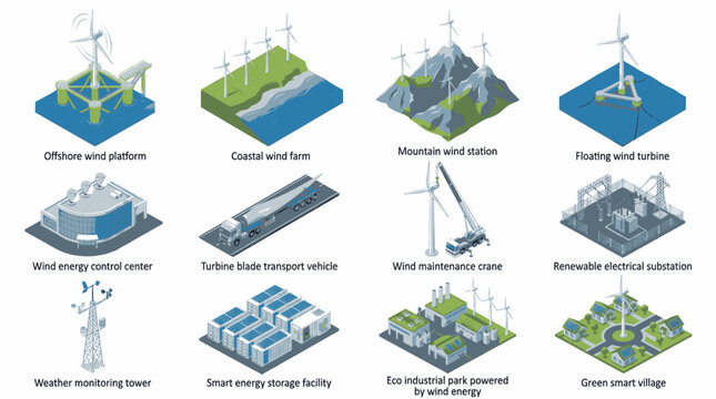 Collection of isometric illustrations depicting various wind energy infrastructure and concepts.