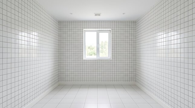Empty square room with White tiled wall with grid pattern, featuring small square tiles and subtle grout lines, creating clean and modern aesthetic