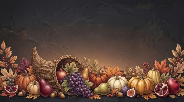 Thanksgiving cornucopia with autumn harvest fruits and vegetables on dark background