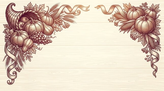 Vintage thanksgiving cornucopia and autumn harvest corner borders on wooden background