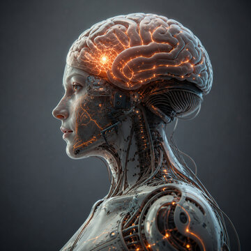 AI generated cybernetic woman exposed glowing brain mechanical face neural circuits representing artificial intelligence robotics neuroscience futuristic technology