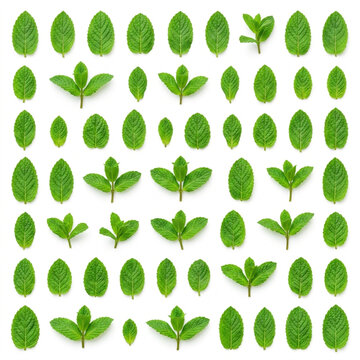 Fresh mint leaves pattern on white background. Green peppermint herbs arranged in a grid.