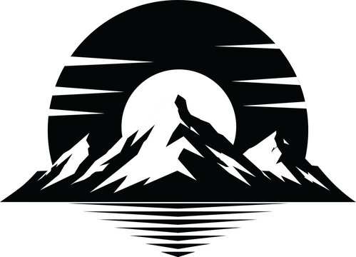 Black Mountain Silhouette with Sun and Water Reflection Landscape