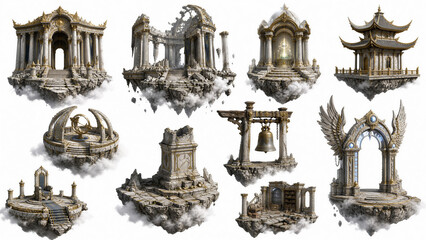 Fototapeta premium Collection of Fantasy Floating Temples and Ruins on Clouds