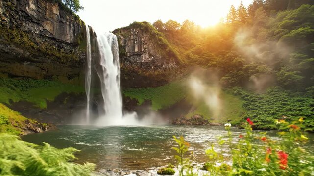 Majestic waterfall cascading down high rocky cliff into clear river pool at sunset with golden sunlight filtering through trees and mist rising from the water impact zone.