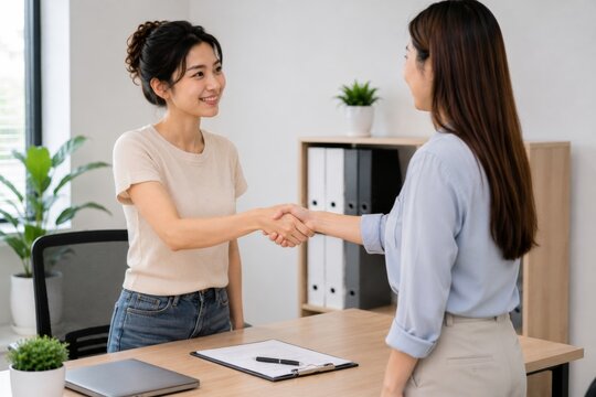 Professional Asian woman shaking hands with colleague in modern office after successful interview