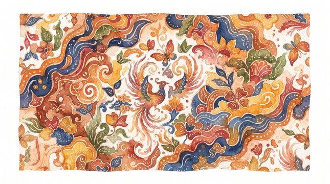 Vibrant watercolor Batik pattern background featuring a phoenix, waves, and florals, ideal for fabric printing, banners, packaging, and wall art.