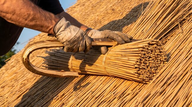 Thatcher securing reed bundle on traditional thatched roof