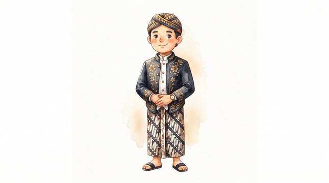 Javanese man in traditional Beskap attire, blangkon, and batik skirt