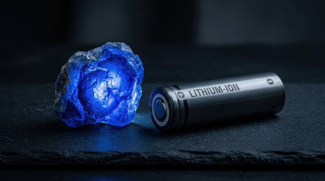 Critical minerals sourcing for lithium battery concept with raw mineral and cell on dark surface